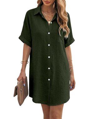 Women's Army Green Short Sleeve Button Down Shirt Dress Bathing Vacation Suit